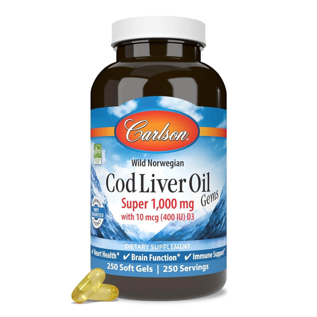 Carlson - 鳕鱼肝油宝石,超1000毫克,250毫克Omega-3s,400 IU(10 mcg)维生素D3,野捕挪威北极鳕鱼肝油,北欧鱼油盖,250软胶