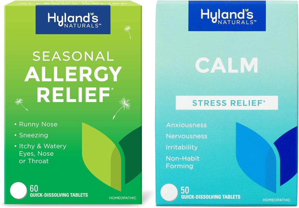 Hyland的室内和室外药箱、Non Drowsy的季节性过敏药丸 60 CT和平静药片、抗焦虑的自然救济、紧张、压力和刺激性 50 CT