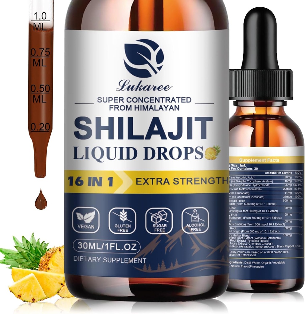 Shilajit Resin液滴、Shilajit W/Ginseng、Turmeric、Rhodiola、Wolfberry、Amla & Vitamins、Shilajit 男女85+号补编 跟踪矿物和富尔维酸, 1 Fl Oz