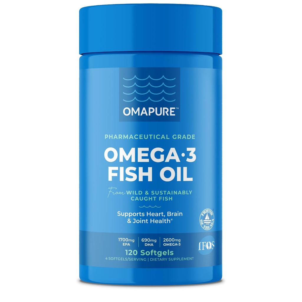 OMAPURE 鱼油补充剂 Omega 3脂肪酸(1瓶,120软胶) - 高EPA, DHA, & IFOS 鱼油药支持心与联合健康 - Burpless鱼油促进脑功能