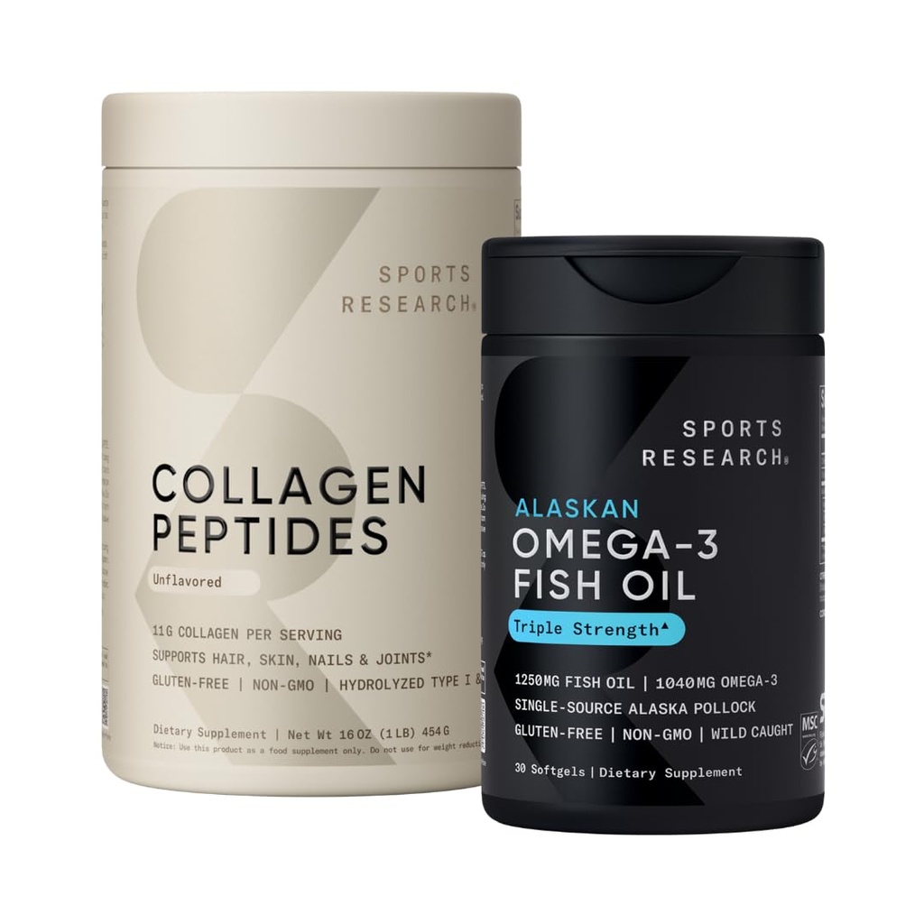 体育研究 三重强力 Omega 3 鱼油 1250mg Burpless 补充 Omega3s EPA & DHA Non-GMO, Gluten Free and Collagen Peptides for all Generals 水解1型和3型火药蛋白
