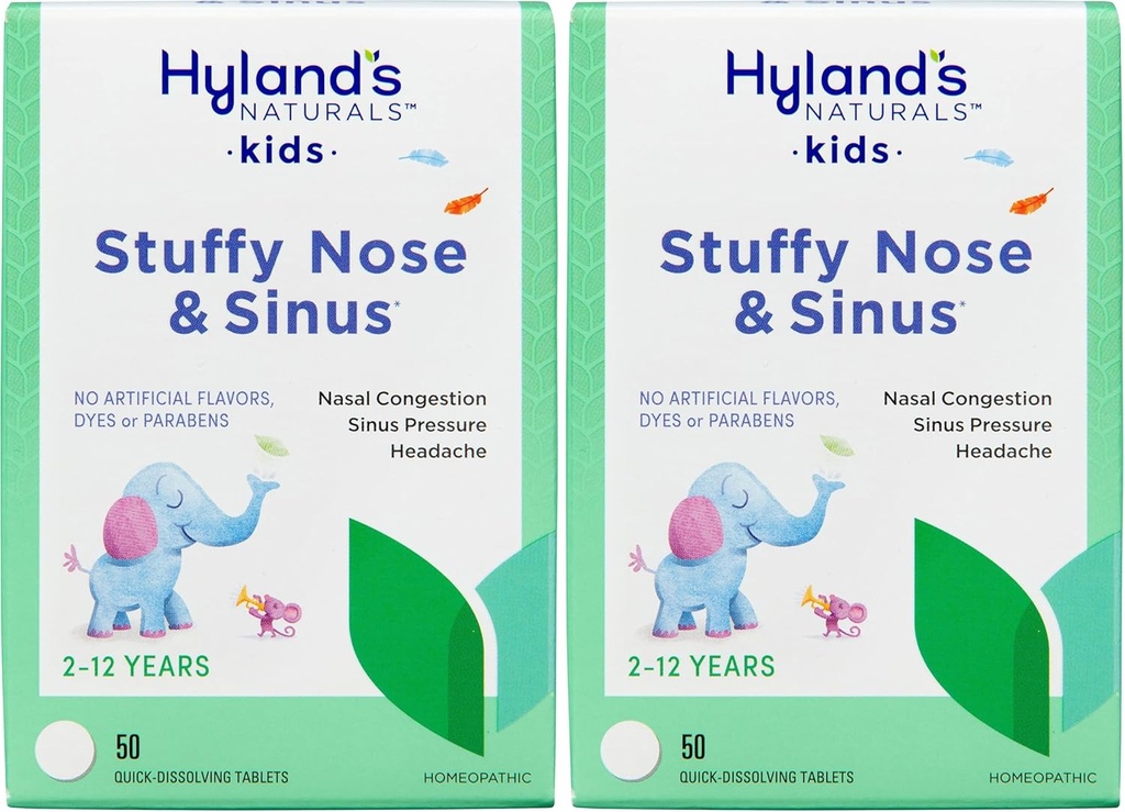 Hyland's Naturals Kids Stuffy Nose and Sinus Tablets, Cold and Allergy Medical for Children Agents 2 and up, Headche Relief and Nasal Decongestant, Quick Disolution Tablets, 50 Counters (Pack of 2) 儿童2岁及以上儿童冷症和过敏症药物,头痛治疗和鼻部解毒药,快速解毒片,50个计数(Pack of 2)