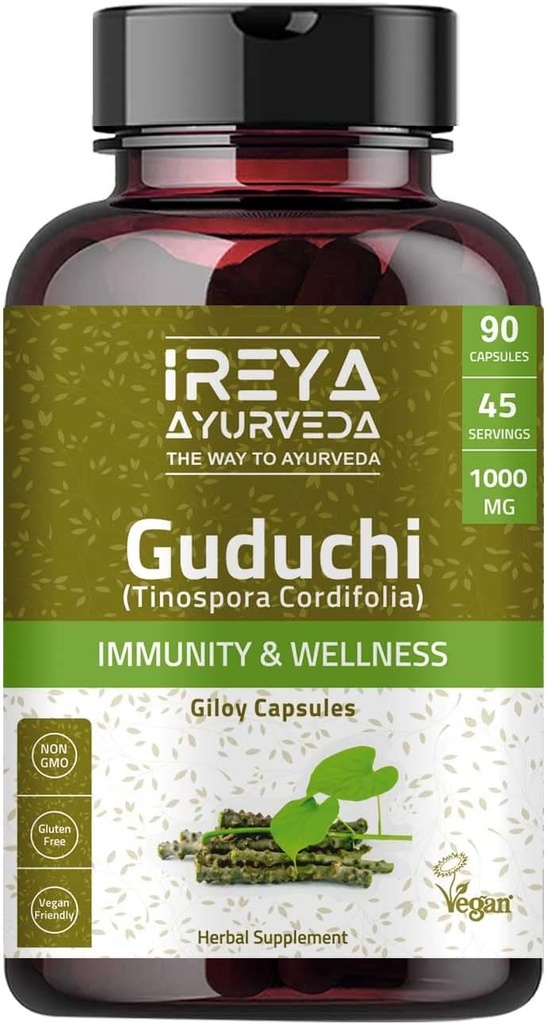 Guduchi Capsules 加强豁免和促进细胞防御、生命力和振兴草药用于文摘(90 Capsules)