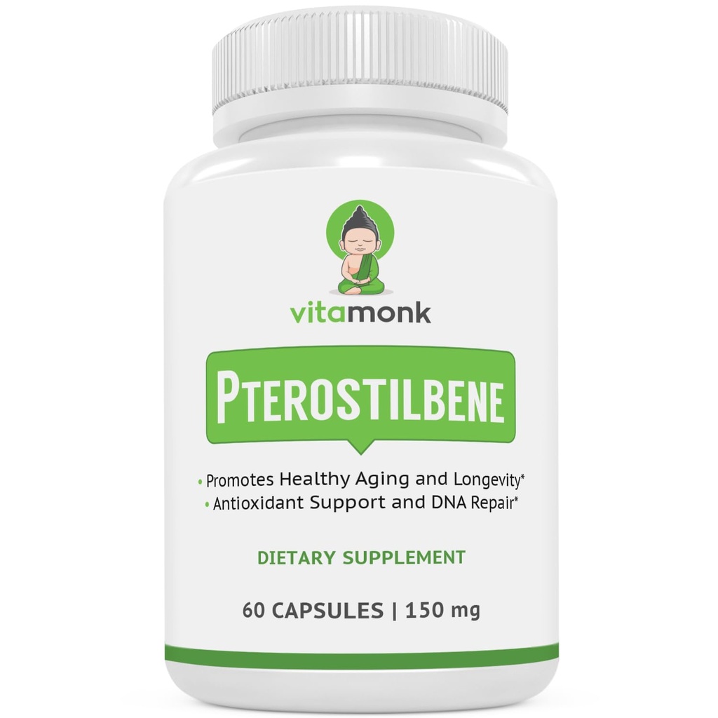 VitaMonk Pterostilbene 150mg Capsules 无人工填充器 - 豆免费跨Pterostilbene 补充剂,促进健康老化和长寿 - 60 Veggie - Caps - 改进的Resveratrol