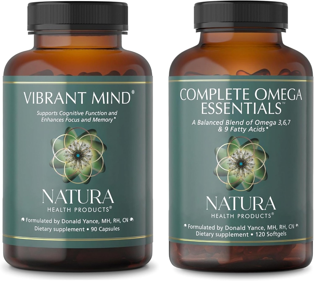 Natura健康产品 振动心智和完整的Omega基本品补充剂 Bundle - 记忆和焦点的诺诺氏大脑补充剂 - Omega 3, 6, 7和9脂肪酸的平衡混合剂