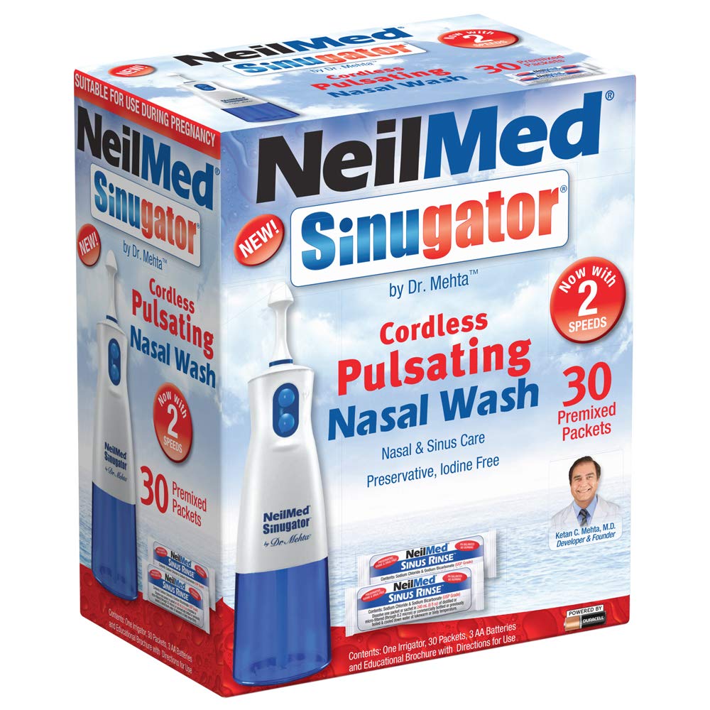 NeilMed Sinugator Cordless Pulsting Nasal Wash Kit,配有一台喷气机、30套预混合包和3台AA电池(包1)