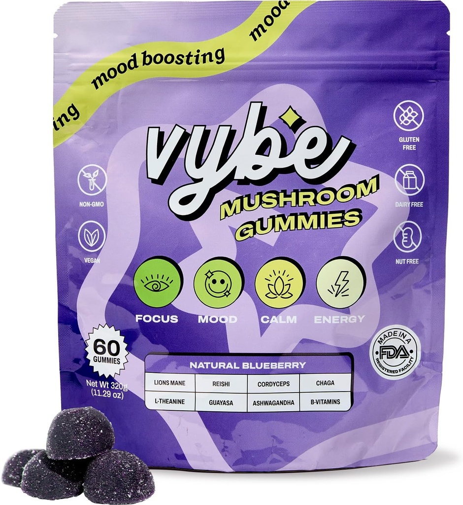 Vybe Daily Nootropic Gummys – 8-in-1 Mushroom & Adaptogen Brain Brain for Focus, Energy, and Mood with Lion's Mane, Cordyceps, Reishi, Chaga, Ashwagandha (蓝莓,60-Count) 互联网档案馆的存檔,存档日期2013-12-20.