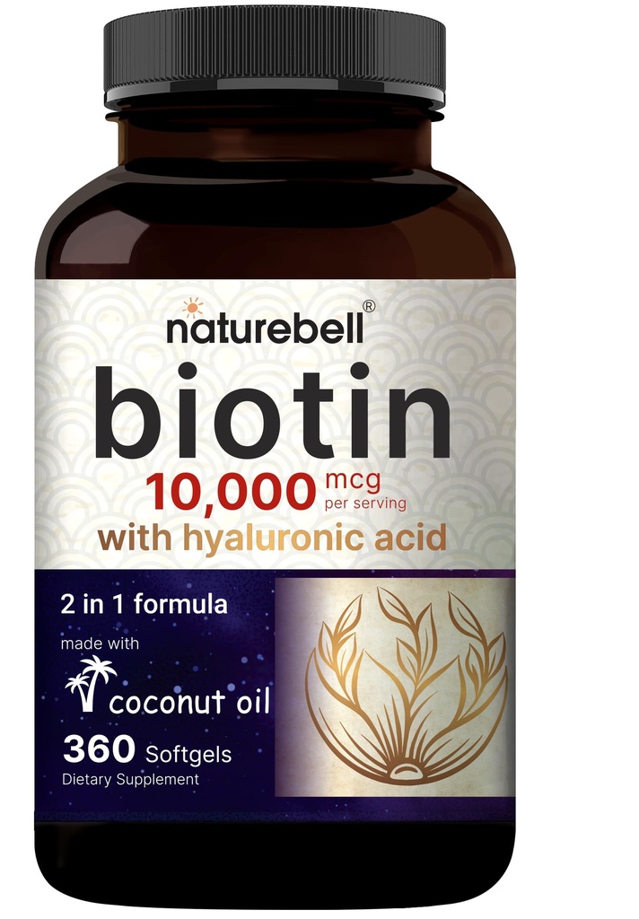NatureBell Biotin 10000mcg + Hyaluronic Acid 25mg + 360 椰油软胶,毛皮和钉螺的Premium Biotin补充剂*