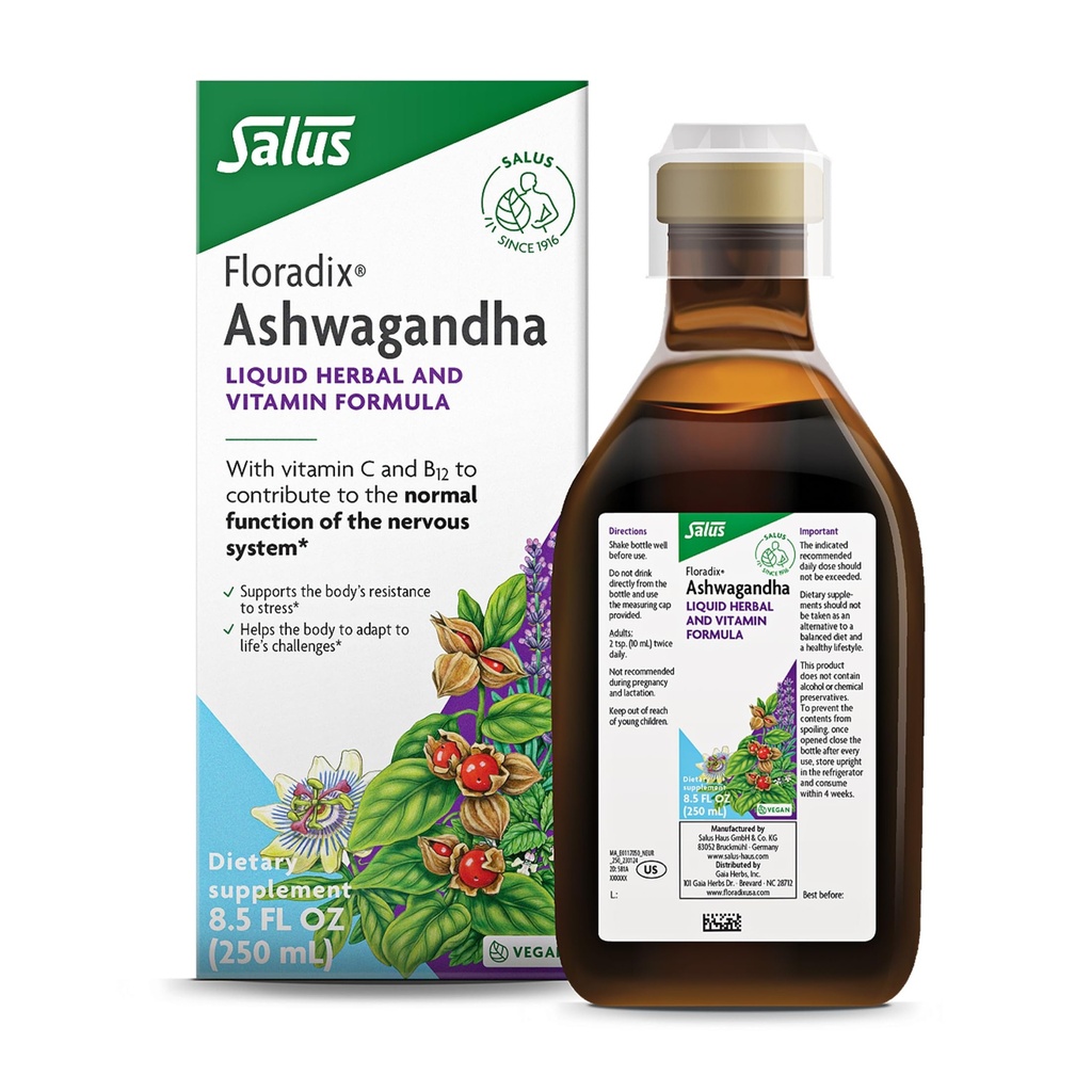 Floradix Ashwagandha 液态草药和维生素配方 -- -- 配有Ashwagandha Extract,维生素C,B12 & More -- -- 供压力支持 -- -- 温和到文摘 -- -- Vegan & Non-GMO -- -- 8.5 fl oz