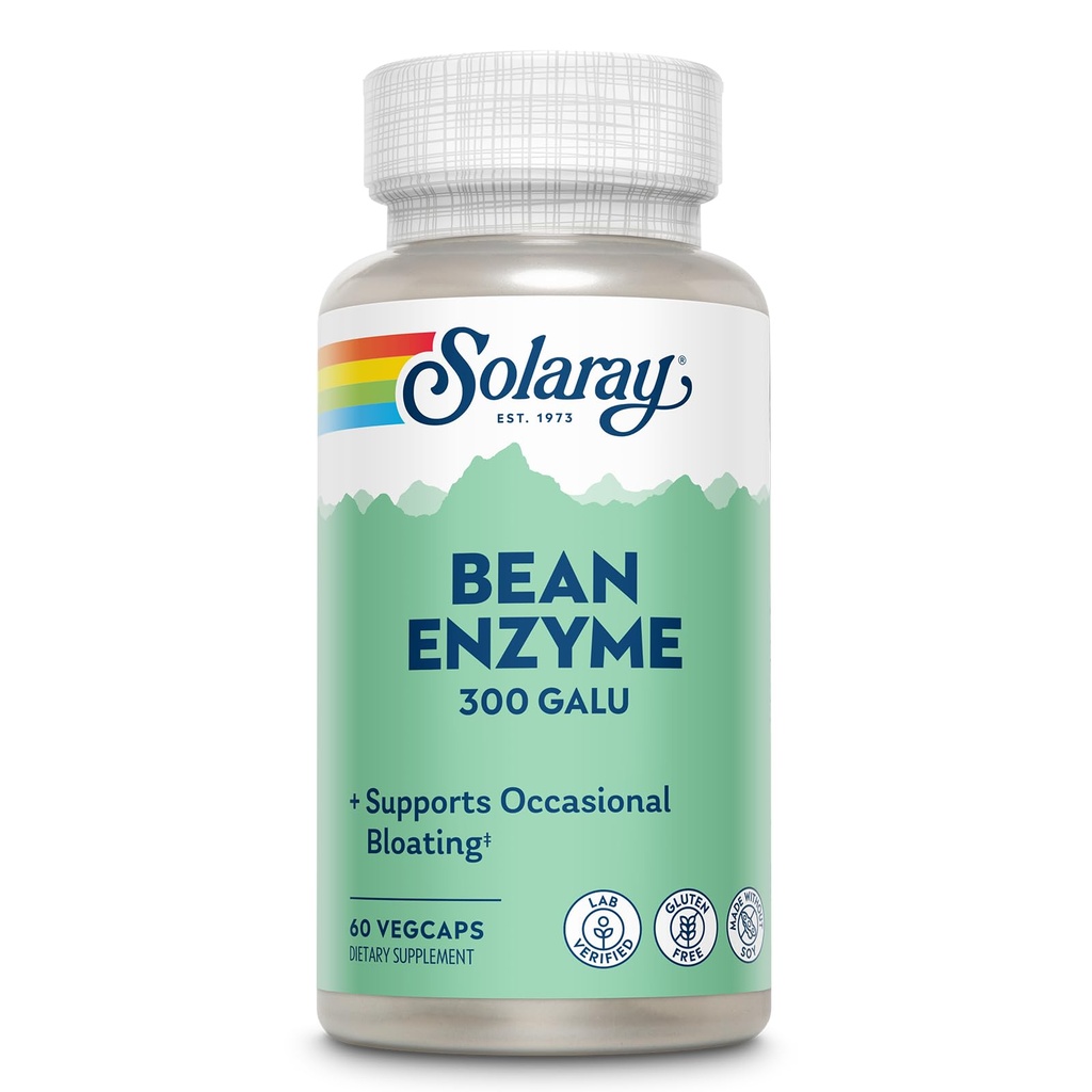 SOLARAY Bean Enzyme 300 GalU - Alpha Galactosidase 男女消化酶 - 消化酶 健康补充 - 支持成人的偶发性排卵和气体救济 - 60名服务员,60名蔬菜