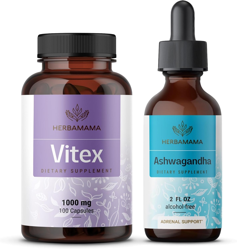 HERBAMAMA Vitex和Ashwagandha Kit - 1 000毫克的Vitex Casteberry Capsules & Ashwagandha液滴 2 fl oz - Vegan,非GMO,糖和无酒精 - 2包