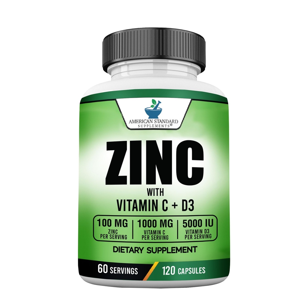 美国标准补充锌100mg,维生素C1000mg,维生素D35000 IU(125mcg) Per Service - Gluten Free, Non-GMO,120 Capsules,60 Services