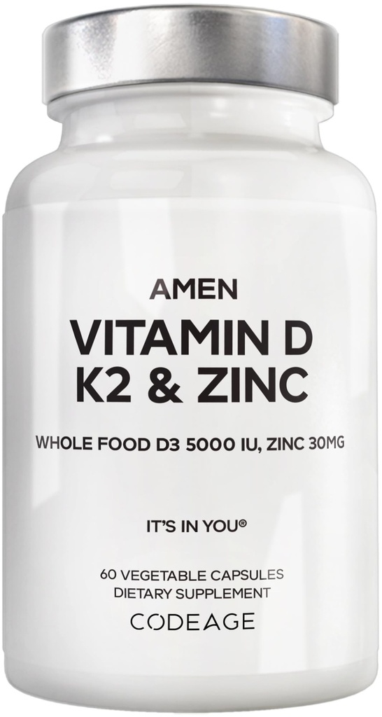 阿门维生素D,K2 & Zinc,Cholecalciferol D35000 IU,有机全食品与苹果,蓝莓,Cranberry,长老莓粉果,维干增产,D3 K2维生素,非GMO - 60 Capsules