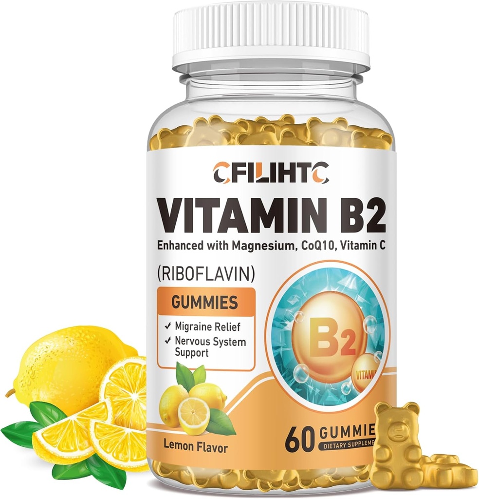 维生素B2 Gummies Riboflavin 400mg 儿童与成年人补充剂 - 甘油镁、锌、CoQ10、维生素B12 - Migraine Relief & Energy,神经系统支持,无糖柠檬火焰,60厘米