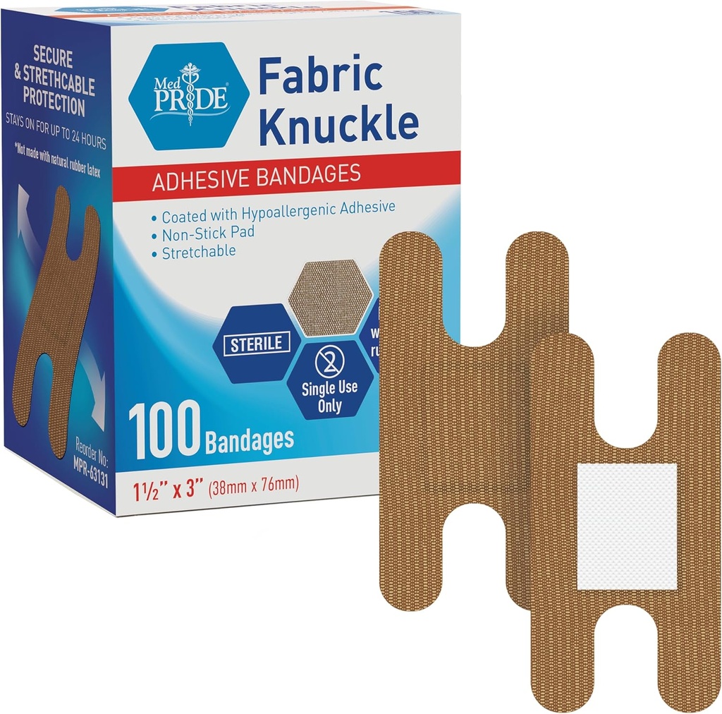 MED PRIDE 100 Sterile Fabric Fingest, Finging, and Knuckle Bandages - 乳胶和橡胶无假发性,1.5in X 3in