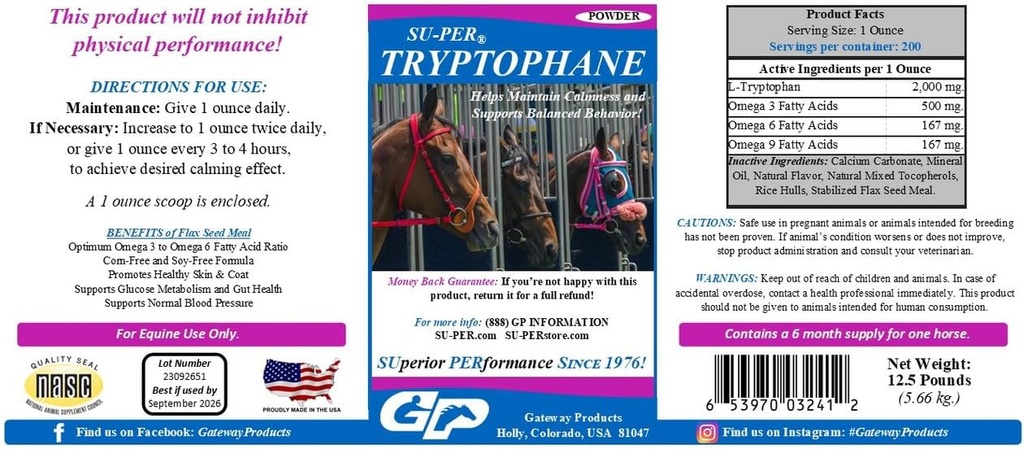 SU-PER Tryptophane 马的镇静补充 - 保持冷静和支持平衡行为 - 12.5英镑,6个月供应