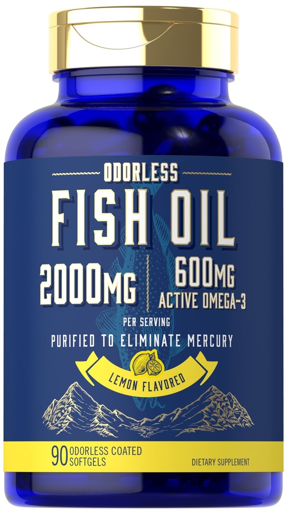 Carlyle Fish Oil 2000mg | 600mg Omega 3 男与女 | 90 无味软胶 | Lemon Flavored | 非GMO和Gluten Free