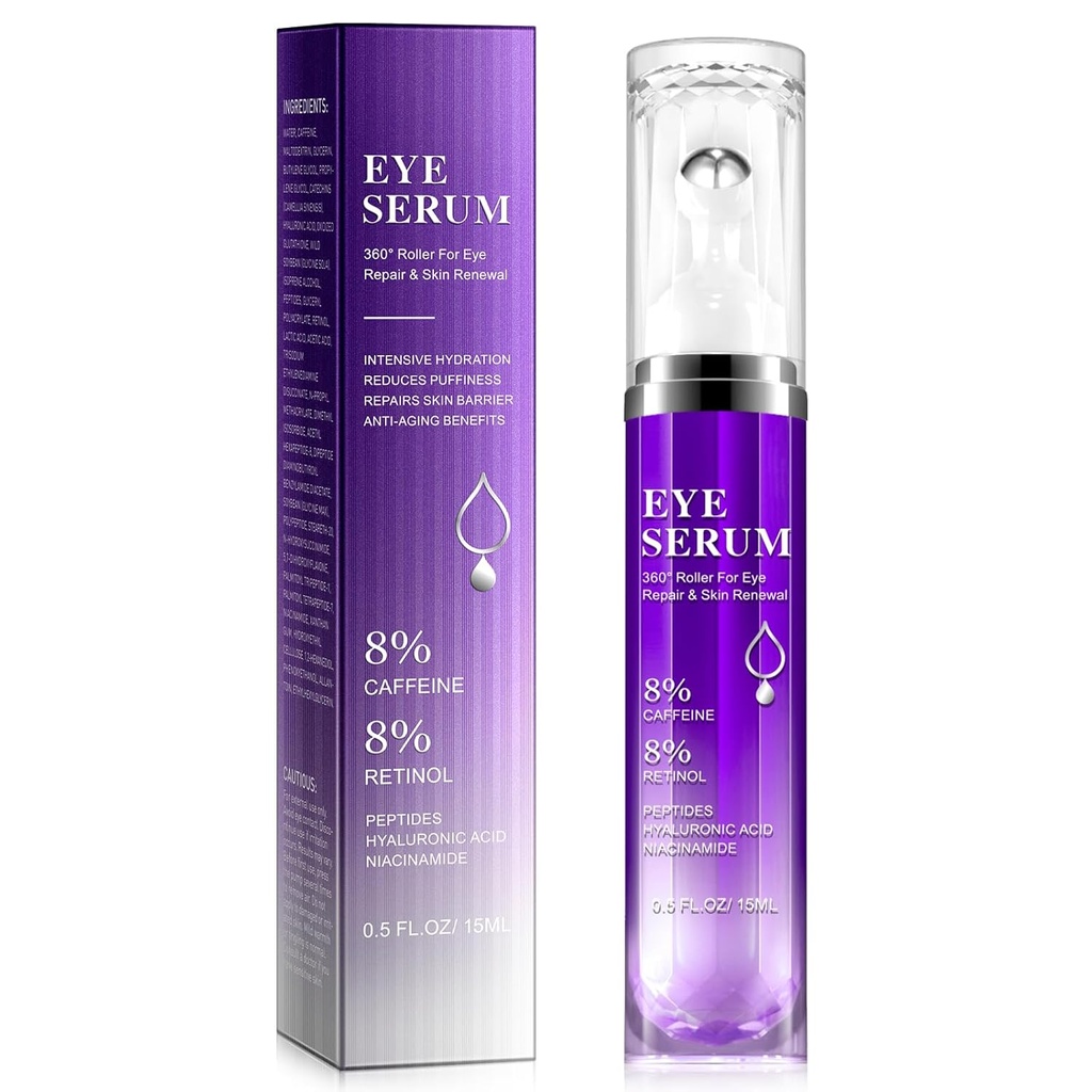 在眼滚筒血清下 - 8% 咖啡因和8% Retinol Eye Cream for Dark Circles, Puffiness and Bags, Puffy Bags Fine Lines 皱纹,360° Massage Ball Cream, Hyaluronic Acid Seram for Men & Women