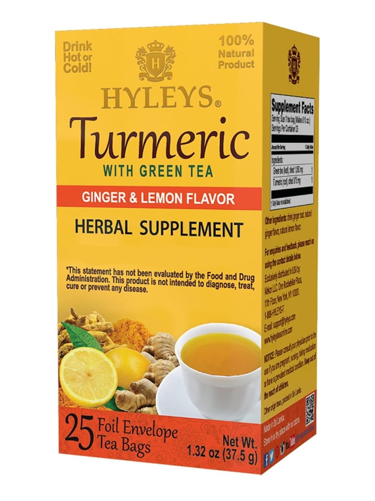 Hyleys Ginger Turmeric Tea Lemon Flavor - 25个茶袋(12包 - 300个茶袋) - 健康草药补充绿色茶