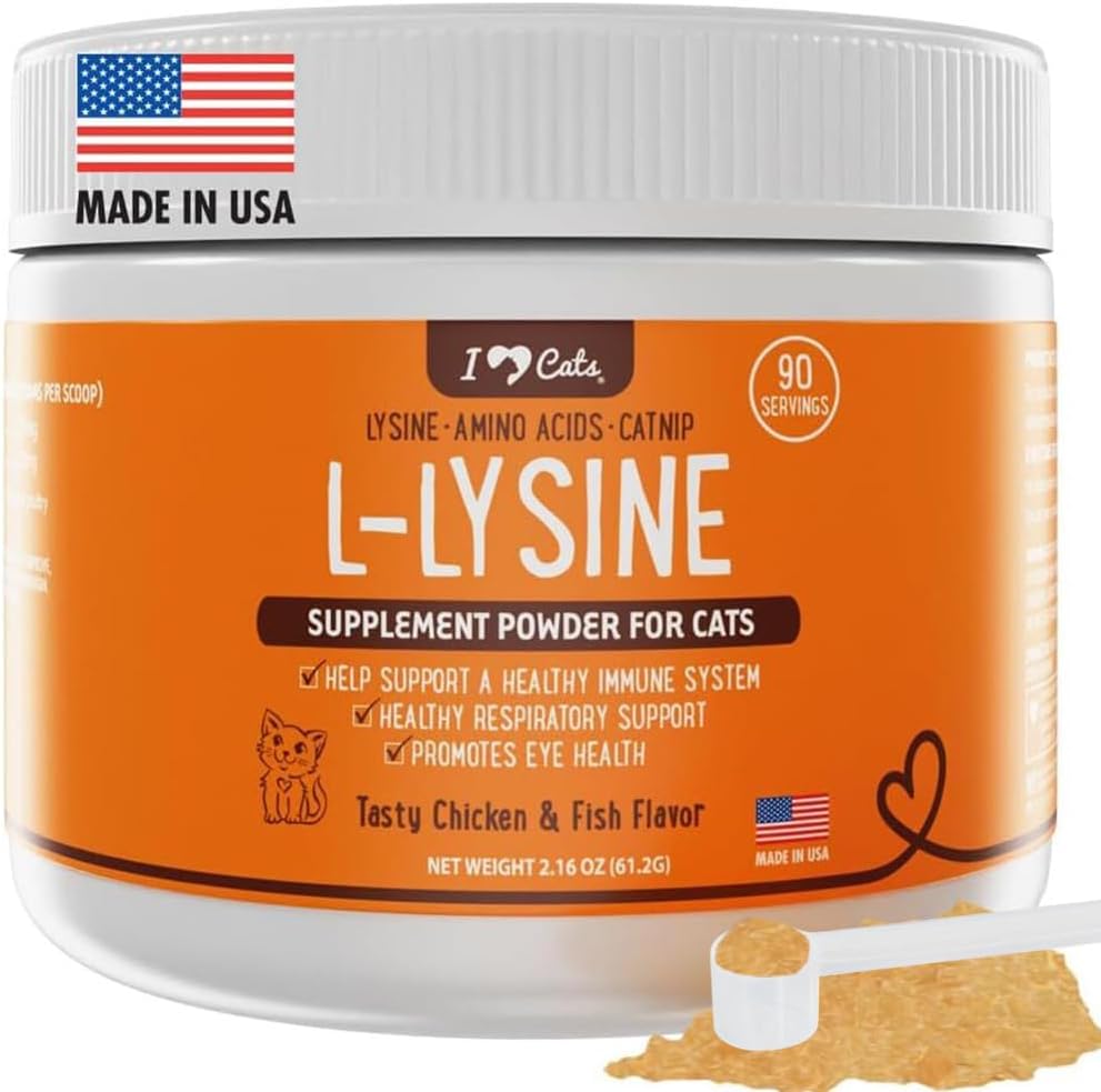 iHeartCats L-Lysine for Cats - Immune & Respiratory 猫类补充剂 - 猫打喷嚏和runny Nose Relief - L-Lysine Powder with Cat Nip - 鸡肉和沙门火焰