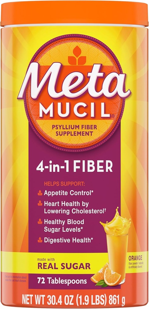 Metamucil 4-in-1 Psyllium Husk Fiber Supplement, Real Sugar, 72 tablepoons, Orange Flavored, Daily Fiber Powder for Entertainive Health, 由植物基 Psyllium Husk Fiber 制成 植物基 Psyllium Husk Fiber