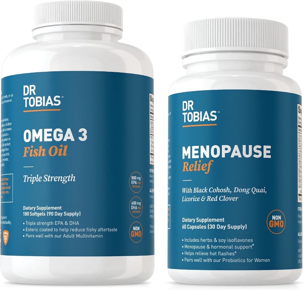 Tobias Omega博士 3 鱼油和更年期妇女救济、内分泌支持、基本Omega 3s、热闪灯和夜汗补充品,非GMO