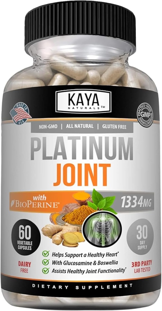 Kaya Naturals Platinum - Natural Made Bioperine, Glucosamine, Turmeric with Boswellia, 健康抗氧化剂属性,Turmeric Curcumin 1334mg - 60 卡普尔