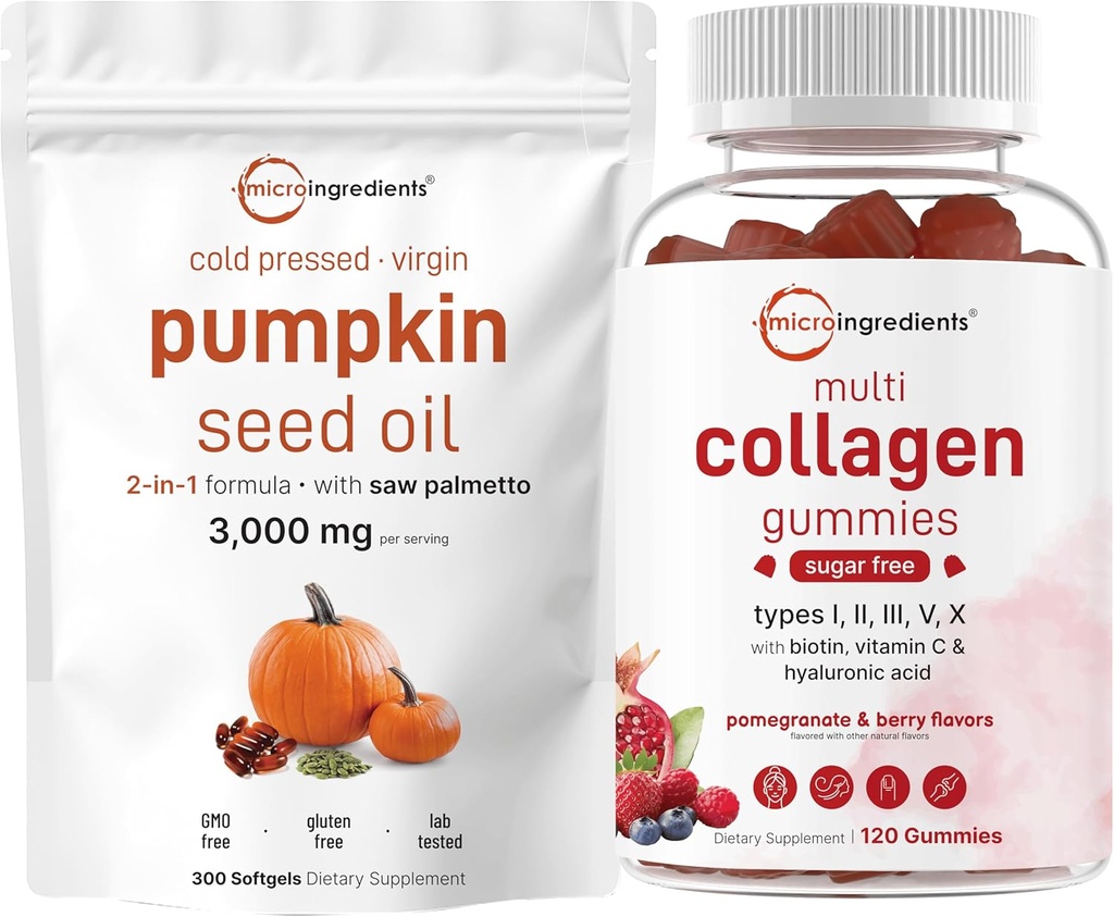 微成品 南瓜种子油 用Saw Palmetto 3000mg 软胶和多焦糖 Peptide Gummys → 2 Pack → 冷压 处女油 → 糖无 + Biotin, Hyaluronic Acid, & Vitamin C Complex