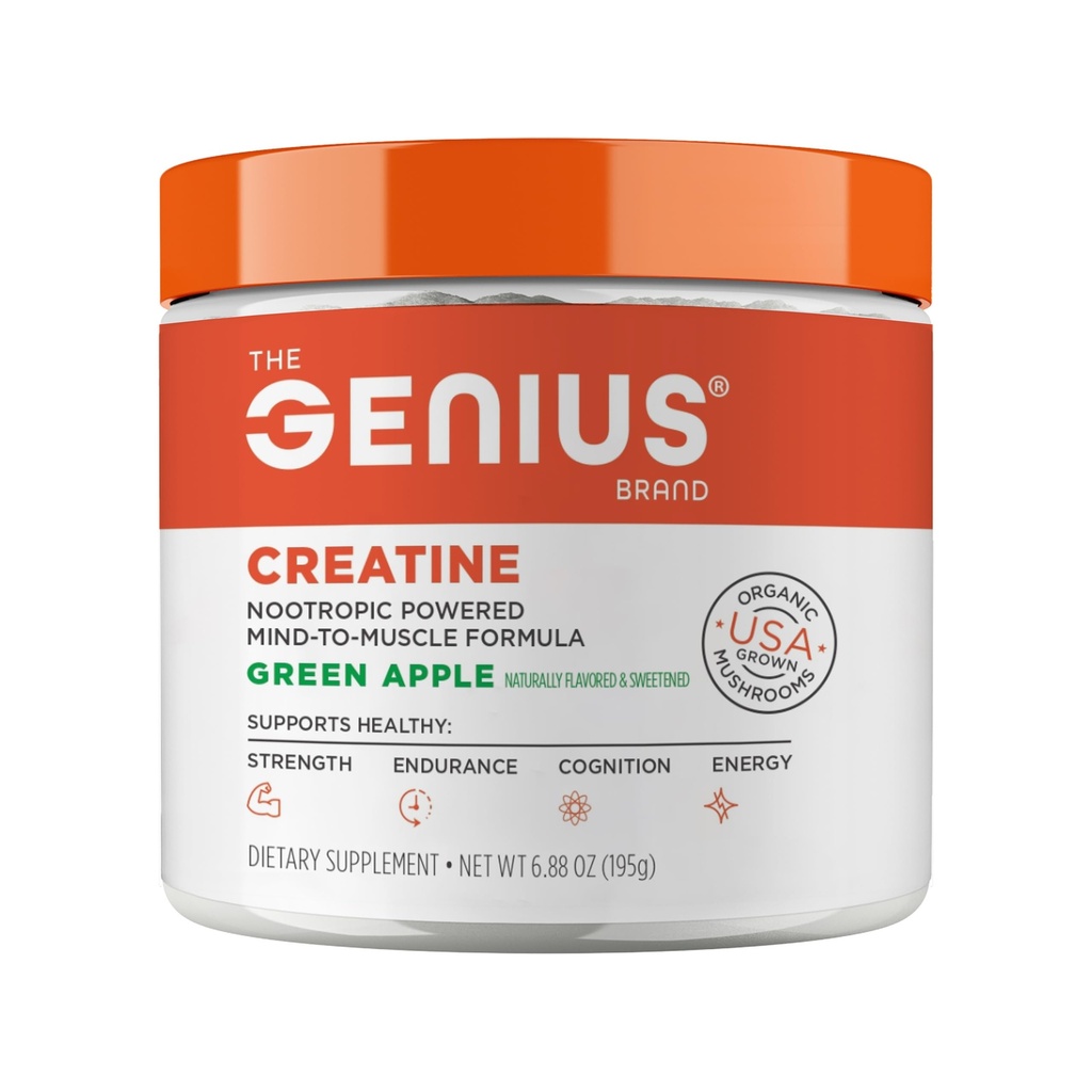 Genius Micronized Creatine Monohydrate Powder, Workout Supple, Green Apple - 100% 自然裂纹 & Sweetened - 支持肌肉建筑,细胞能和认知函数 – 195g