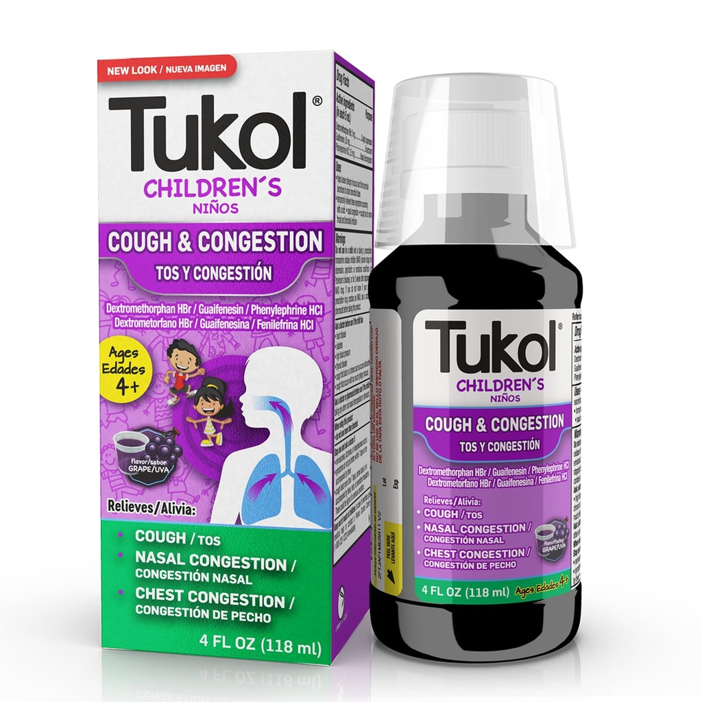 TUKOL 儿童咳嗽药 - 咳嗽和摄入救济、儿童胸咳抑制剂、儿童冷和咳嗽药、4岁儿童咳嗽糖浆+葡萄火焰4 FL OZ