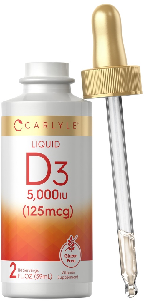 卡莱尔液体维生素D3 → 5000 IU(125 mcg) → 2 oz → 蔬菜,Non-GMO,和Gluten 免费补充 → 成人维生素D液体滴