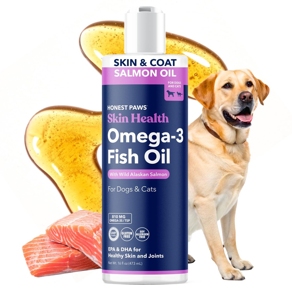 诚实的Paws 野生阿拉斯加沙门油换狗和猫 – Omega 3 鱼油补充品 皮肤,大衣,联合和心脏健康 – 自然,可持续来源,16 oz