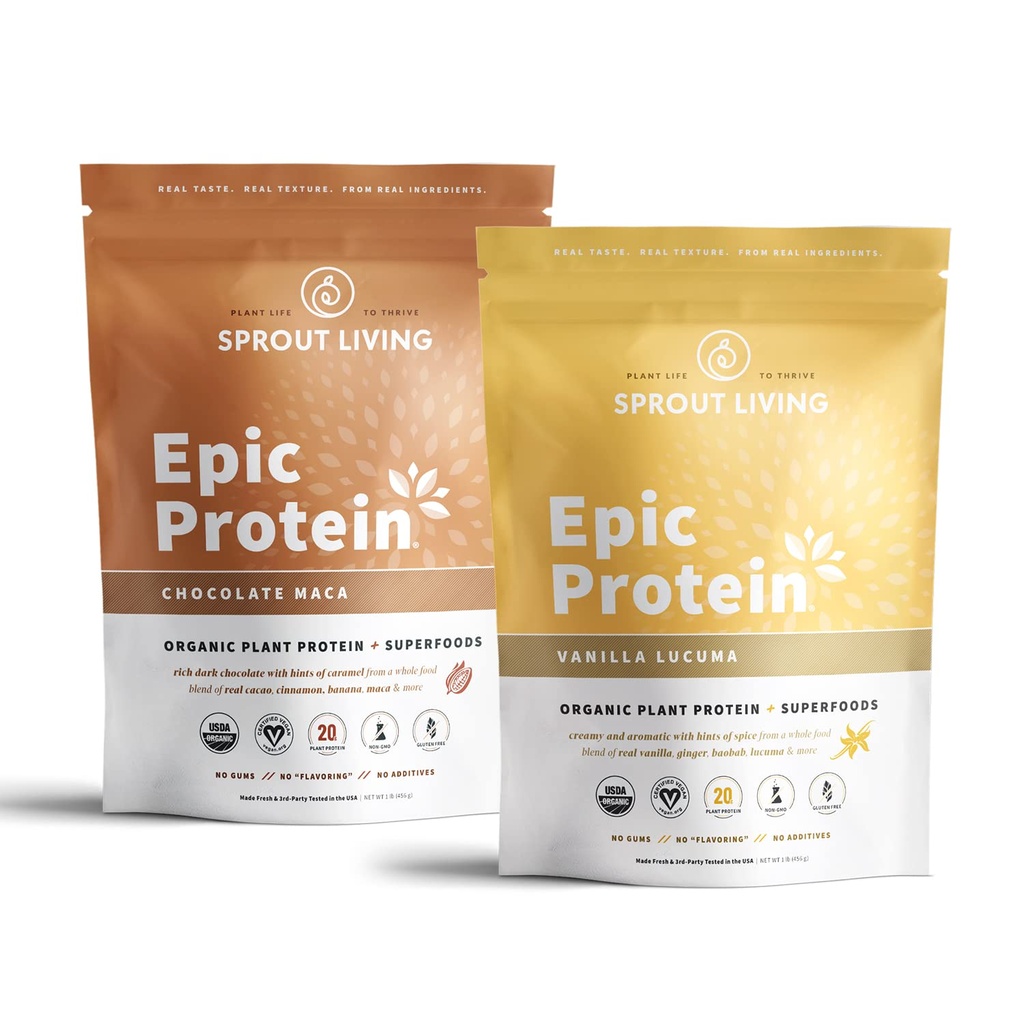 Sprout Living Epic Protein Bundle - 巧克力 Maca & Vanilla Lucuma (20g 有机植物基蛋白粉,Vegan,Gluten Free,Superfoods) → 1lb, 12 services