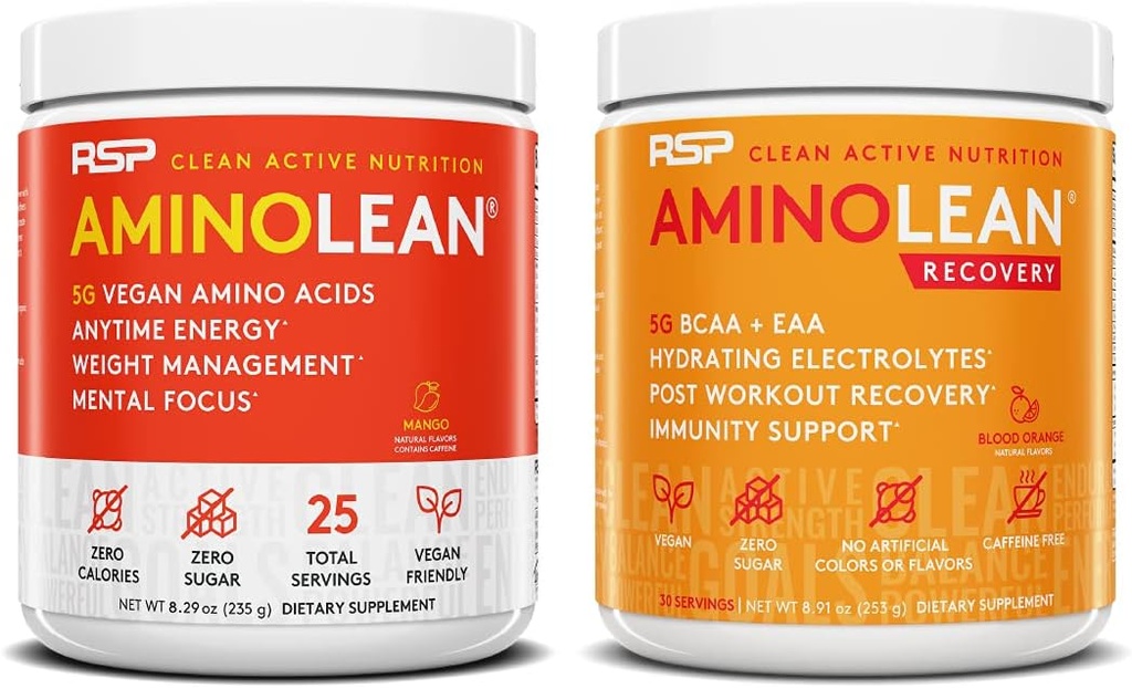 RSP Nutriion Vegan 氨基Lean Pre Workout Energy(芒果25服务公司)与氨基Lean恢复后工作靴(血橙30服务公司)