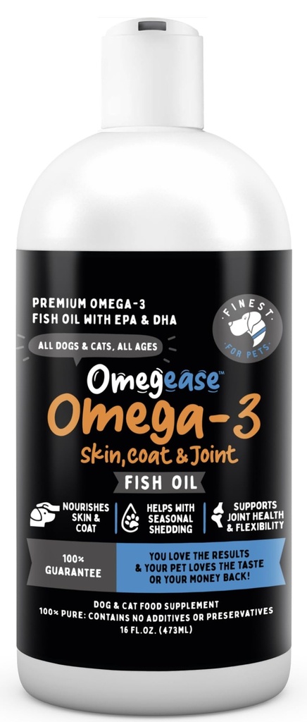 狗和猫食用鱼油(Omegase Fish Oil for Dogs & Cats) - 猫和狗食用鱼油(Omega 3 fine for Pets Omega 3 for Cats & Dogs) - 皮皮和大衣,Iching, Sheding, Joints & Immune Health - 100% Pure Omega Fish Oil with EPA & DHA (16 oz)