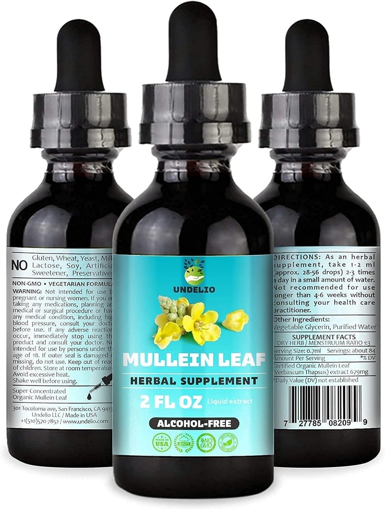 Undelio的草药Mullein叶片提取法 - 用于呼吸、肺、睡眠和消化支持的有机和无酒精叮当 - 非GMO, Vegan - 2 f. Oz for Immune Health and Lung Detox