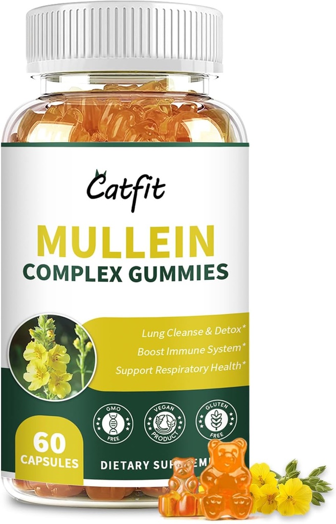 Catfit Mullein Gummys for Lungs – Mullein Leaf 提取物配有 Quercetin , 用于呼吸和免疫支持的草莓, Lung Health & Breathing, Vegan, Pineapple Flavor, 60 Gummys