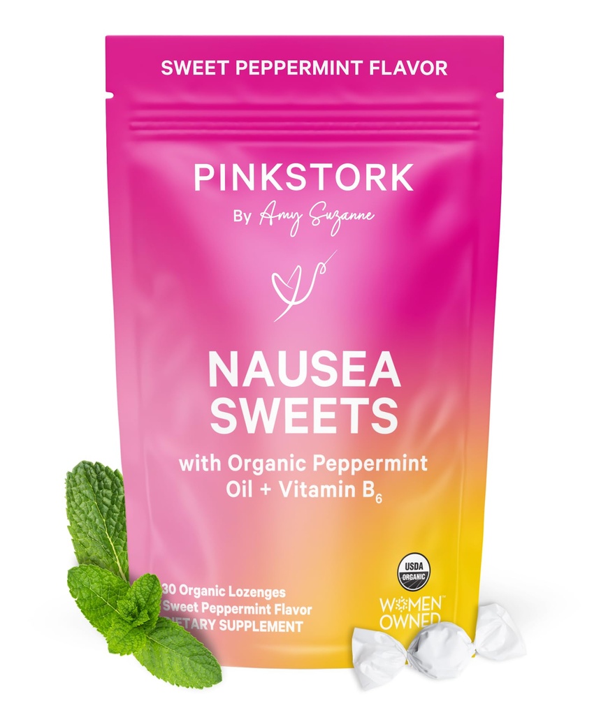 Pink Stork 有机辣椒薄荷糖 早起的疾病和运动疾病支持,添加维生素B6,第一次三月妊娠必须怀有 - 30包辣椒薄荷糖