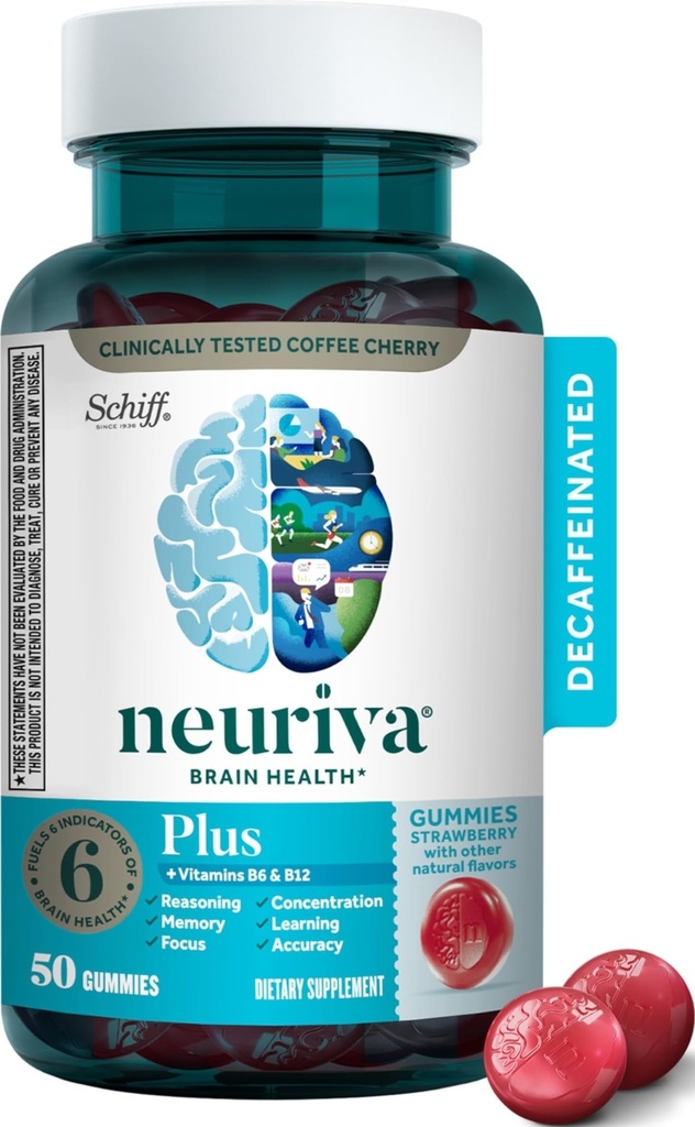 NEURIVA Plus Brain Remember,Focus and Community+ 认知功能与维生素B6 & B12以及临床测试的诺托品 Phosphatidylserine and Neurufactors, 50ct 草莓胶