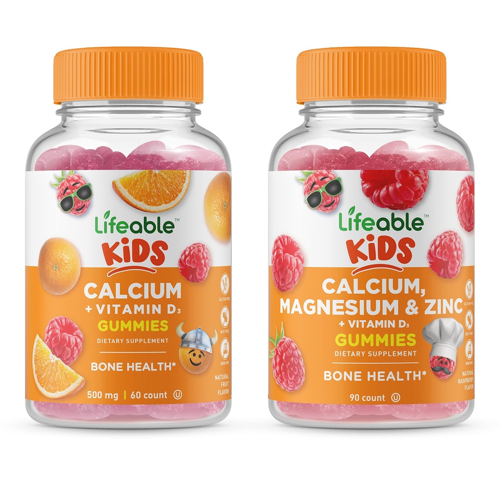 Lifeable Calcium with Vitamin D Kids + Calcium Magnesium & Zinc Kids, Gummies Bundle - Great Tasting, Vitamin Supplement, Gluten Free, GMO Free, Chewable Gummy