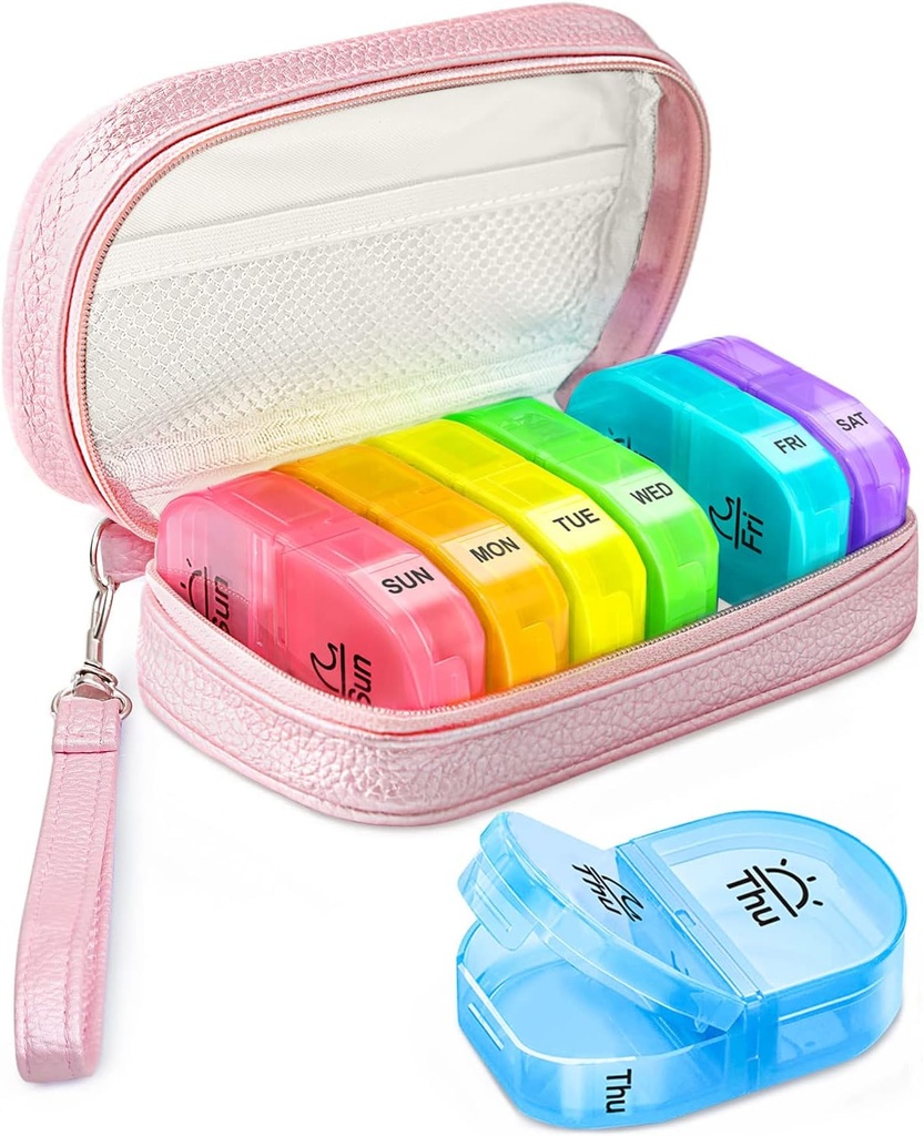 可爱药丸组织者每天2次,PU Leather Pill Case for Women, Portable Weekly Pill Box for Purse with resurch bag to hold Vitamins, Medicals, Fish Oils, Supplements (Pink) (中文(简体) ).