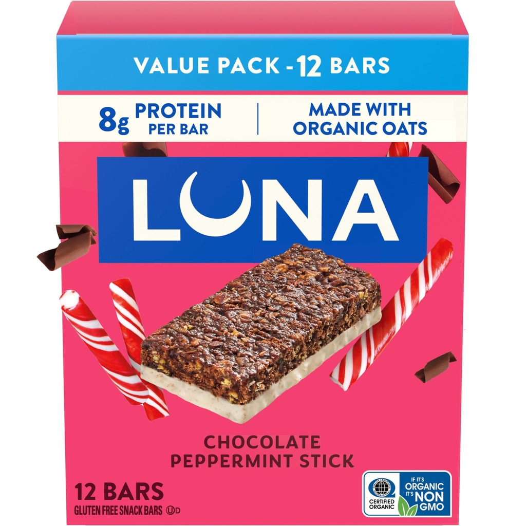 LUNA Bar - 巧克力辣椒薄荷棒Flavor - 薄荷棒 - 非GMO - 葡萄糖无蛋白棒 - 用有机麦(12包)制成.