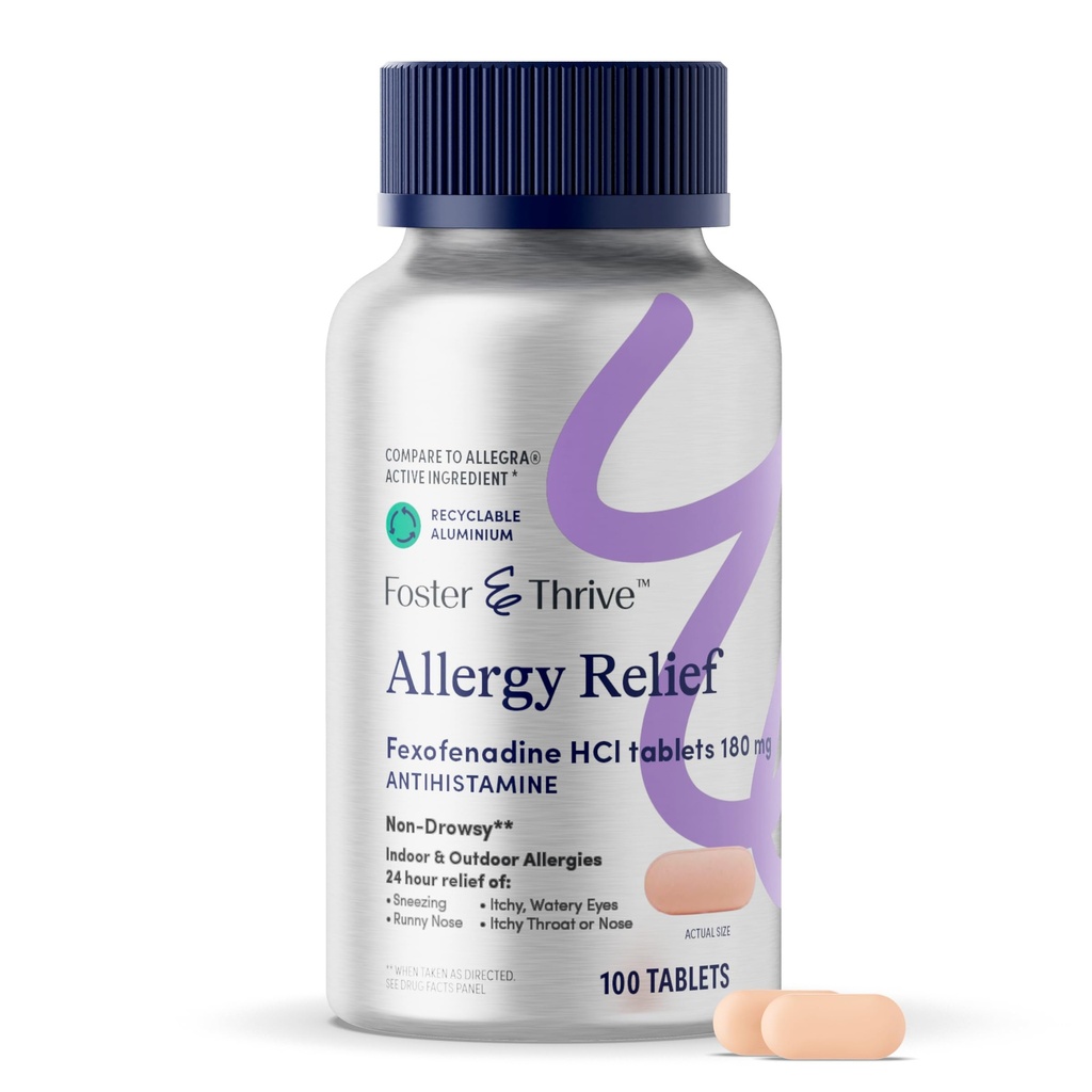 Foster & Thrive Fexofenadine HCl 非昏暗过敏性缓解 Hay Fever、Pollen、Ichy Eyes和季节性过敏性缓解,对儿童和成年人的有效支持,180毫克,100片