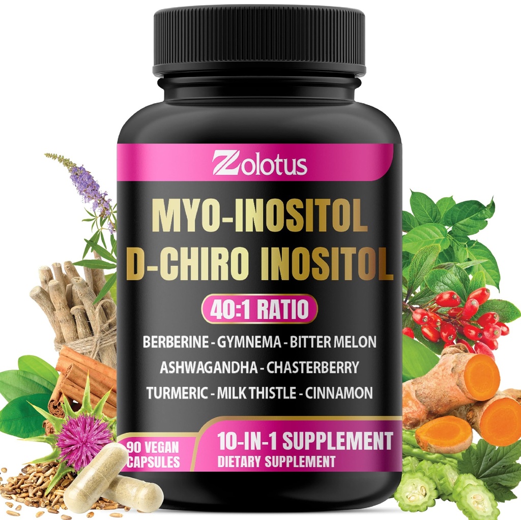 Zolotus Myo-Inositol & D-Chiro Inositol理想比率 Inositol 与比特尔·梅隆、牛奶硝酸盐、Turmeric、Gymnema、Chasteberry、锡兰桂、Ashwagandha、Berberine-90卡普勒斯的补编