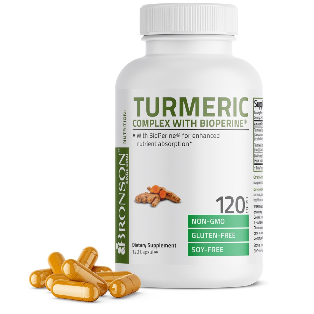 Bronson Turmeric Curcumin with BioPerine - 高概率 Premium 联合支持 95% 标准化 Curcunios - 非GMO Capsules with Black Pepper - 120 计数