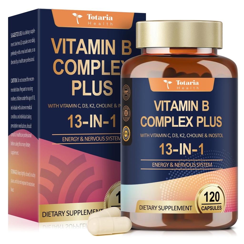 13-in-1 维生素B 复合体 加维生素B1,B2,B3(Niacinamide),B4,B5,B6,B7(Biotin),B8(Inositol),B9(Folate),B12,C,D3,K2 - 能源,Nerve,Imune,皮肤支持 - 120 Vegan Capsules