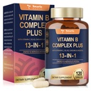 13-in-1 维生素B 复合体 加维生素B1,B2,B3(Niacinamide),B4,B5,B6,B7(Biotin),B8(Inositol),B9(Folate),B12,C,D3,K2 - 能源,Nerve,Imune,皮肤支持 - 120 Vegan Capsules