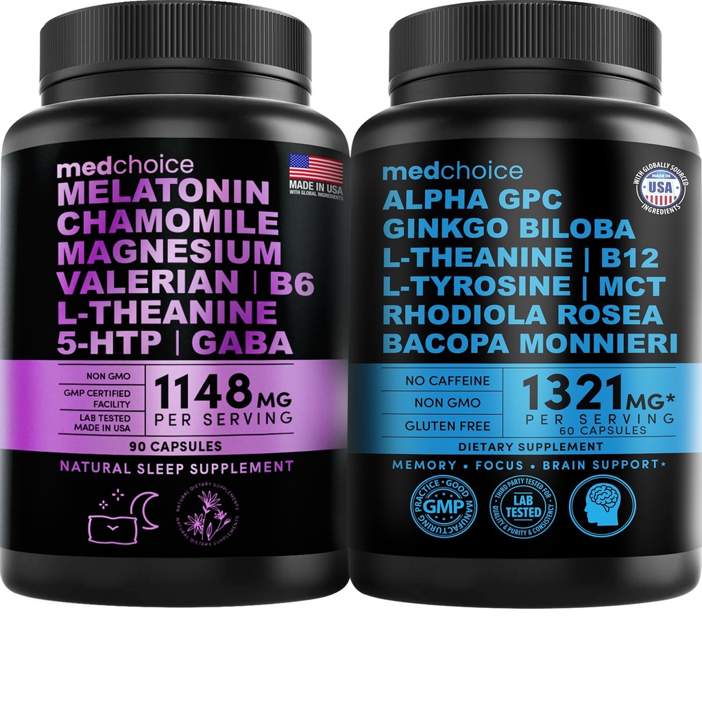 MEDCHOICE Sleep Melatonin(90cm)和Nootropic Brain(60ct) 补充 Bundle - 睡眠、大脑、焦点和Mood支持 - Vegan、Non-GMO、Gluten-Free
