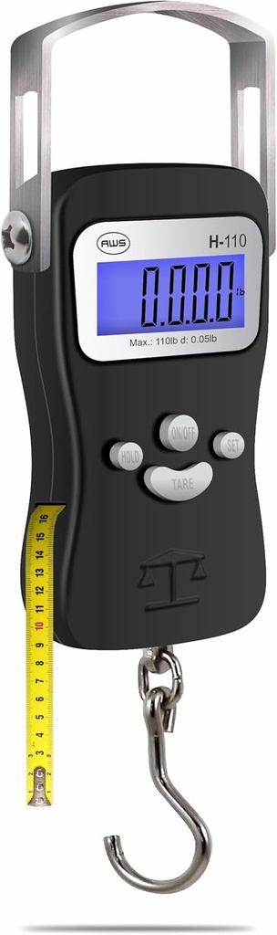 AWS Digital Luggage Scale, Fish Weiging Scale, Hanging Scale 110lb/50kg – Die-Cast Metal Construction, Built-in Tape Measure, Hook & Handle – 旅行,钓鱼,射箭,狩猎,户外(黑色)