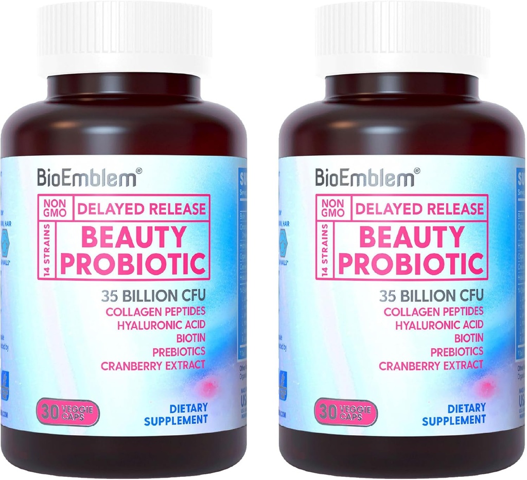 女性生物增生素(BioEmblem Beauty Probiotics),35亿CFU 14种含生物素的草原,Collagen,消化健康预生,毛皮和直肠,阴道增生素,海床稳定,60顶盖